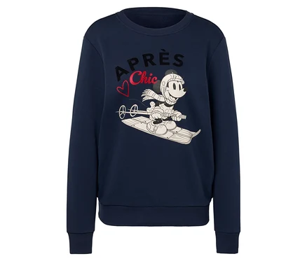 Sötétkék pulóver Mickey egér szánkós nyomtatással.