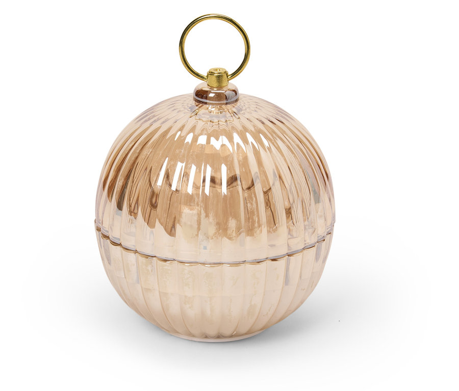 Dekoratív üveg gömb alakú doboz bordázott felülettel és arany fogantyúval.
