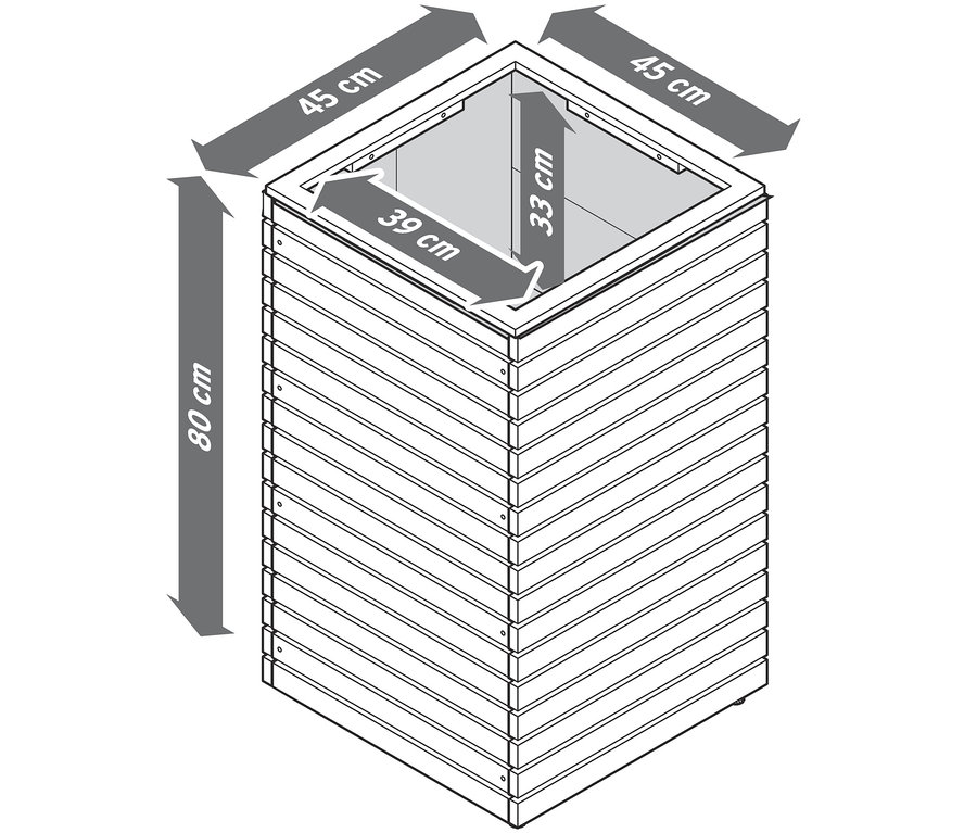 A »Tinus« magas ültetőláda szett méretei: 80 cm magas, 45 cm széles és 39 cm mély.