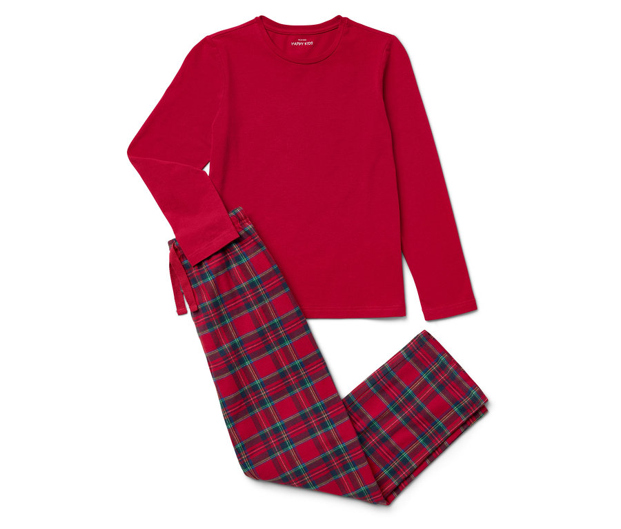 Egy piros, hosszú ujjú pizsama és egy kockás nadrág fekszik egy fehér háttéren.