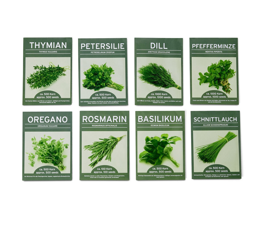 Nyolc csomag klasszikus fűszernövényt tartalmazó 8 klasszikus fűszernövénymag zöld csomagolásban.