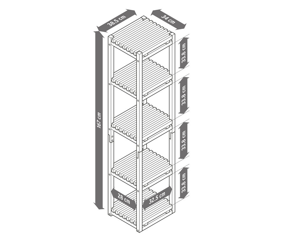 Állópolc, keskeny, fa illusztrációja öt polccal és méretekkel.