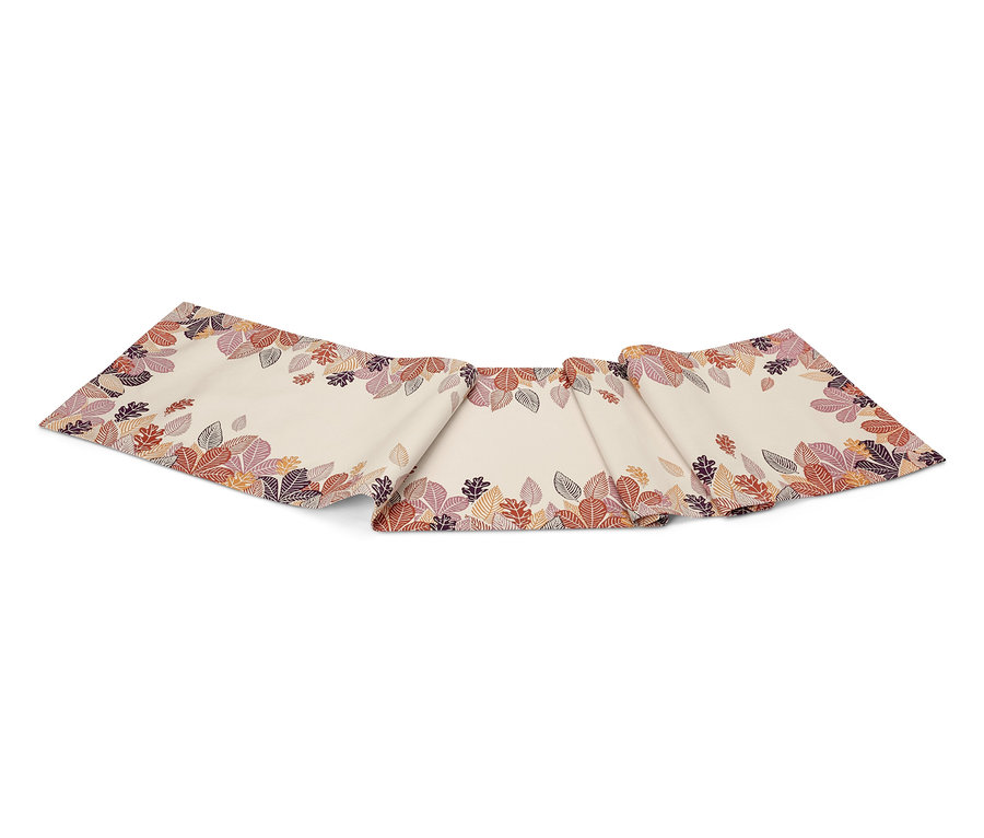 Bézs színű asztali futó, melynek széleit lila és narancssárga levelek díszítik.