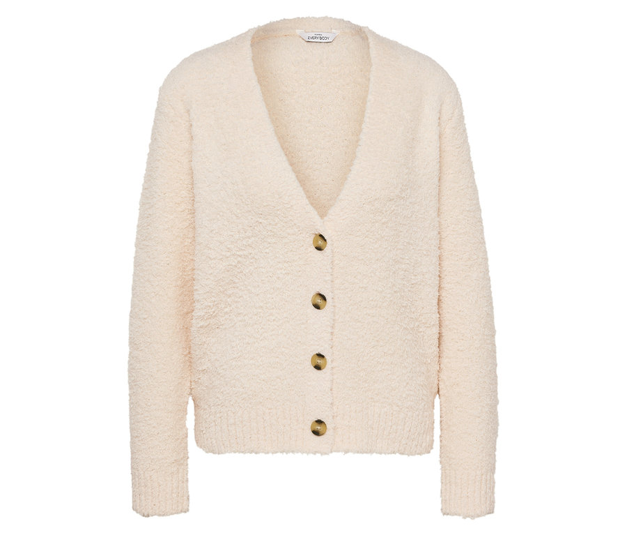 Krémszínű kötött kardigán V-nyakkivágással és barna gombokkal.