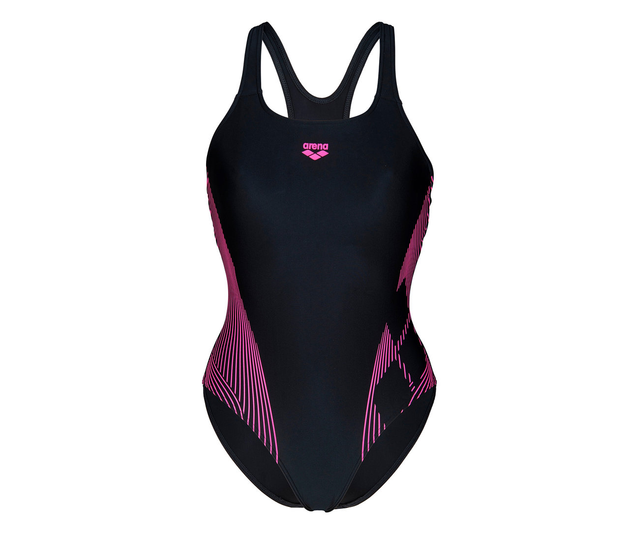 Fekete arena Feel Lily Swim Pro Back Bustier női fürdőruha rózsaszín részletekkel.