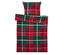 Ágytakaró és párna kockás mintával piros, zöld és fehér színekben.
