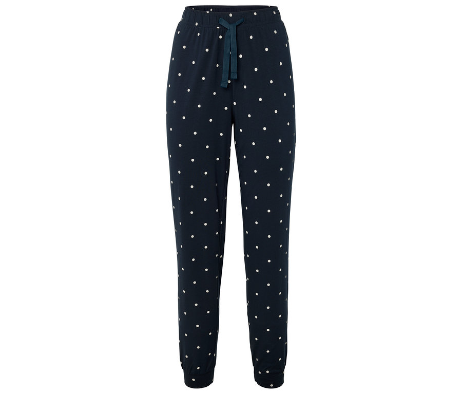 Sötétkék színű, fehér pöttyös, húzózsinóros jogging alsó.