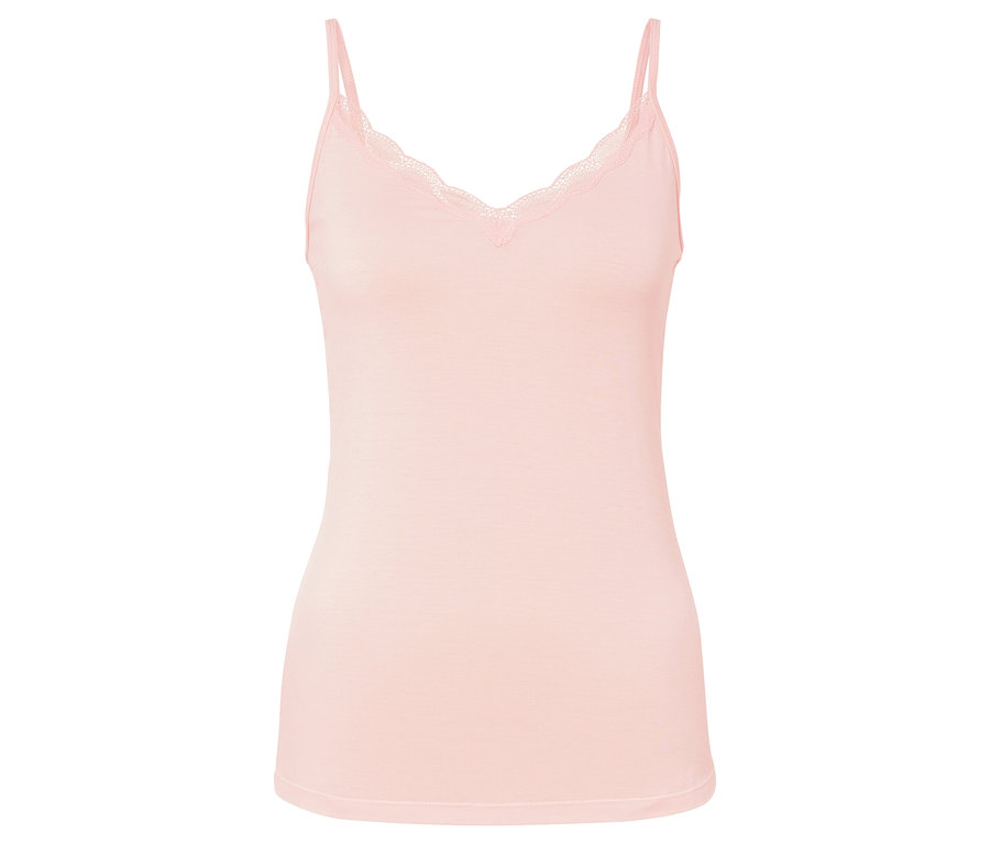 Egy világos rózsaszín, csipkés felső fehér háttéren.