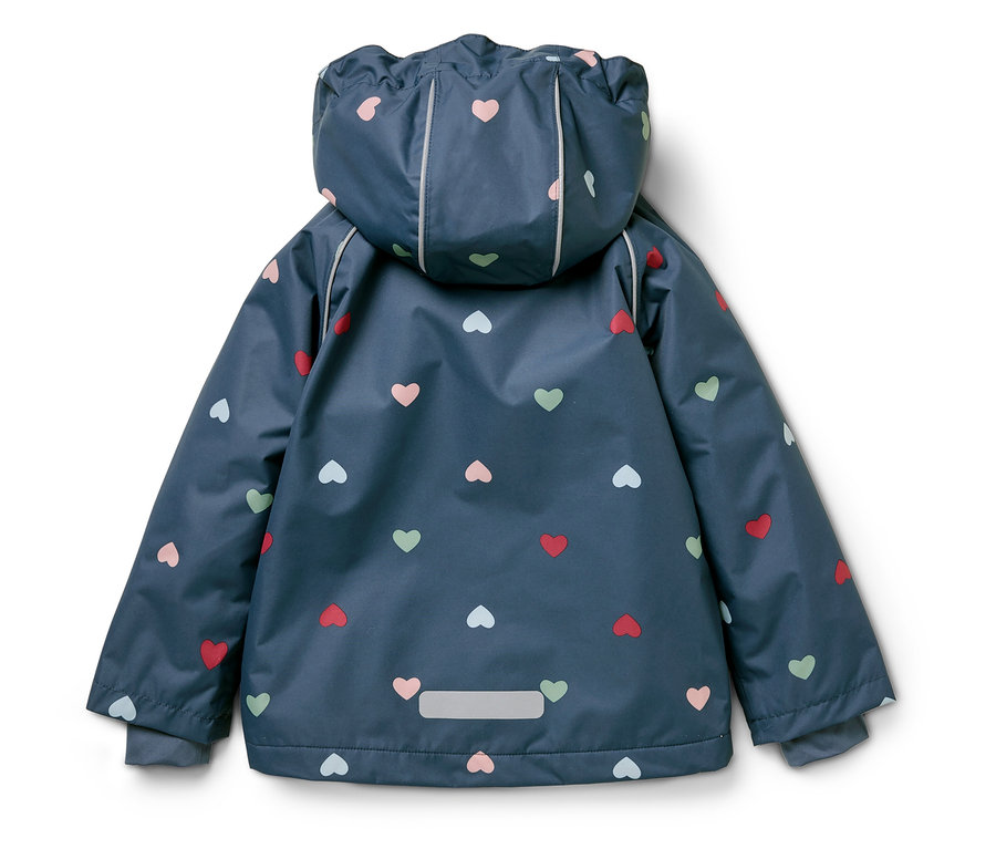 Kék, szívecskés mintázatú kapucnis dzseki.