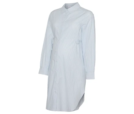 A MAMALICIOUS MLLETICIA LIA L/S WO STRING SHIRT DRESS egy világoskék, csíkos, hosszú ujjú ingruha.