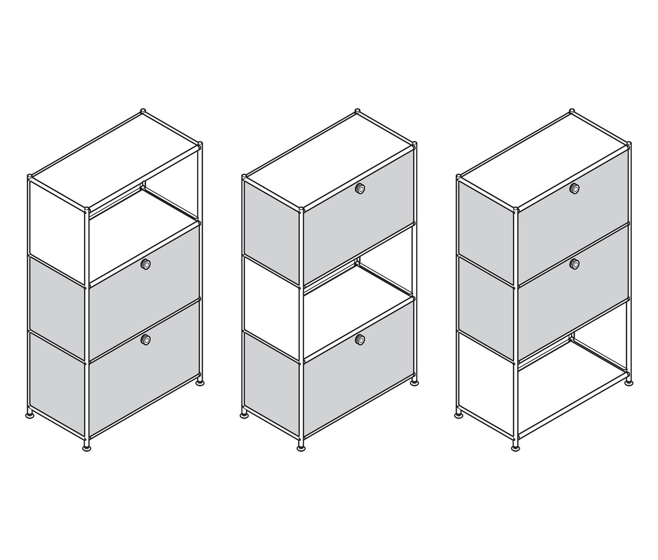 Három darab »CN3« fém polc, mindegyik 2 lenyíló ajtóval.