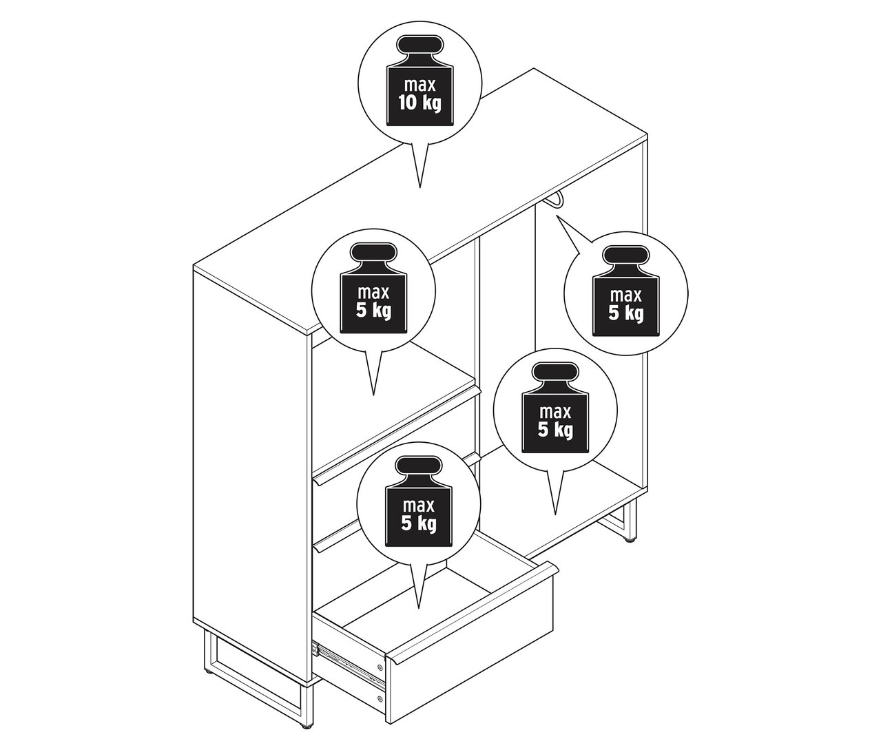 Vázlat egy »LEEG« komódról 3 fiókkal és vállfatartó rúddal, súlyadatok láthatók.