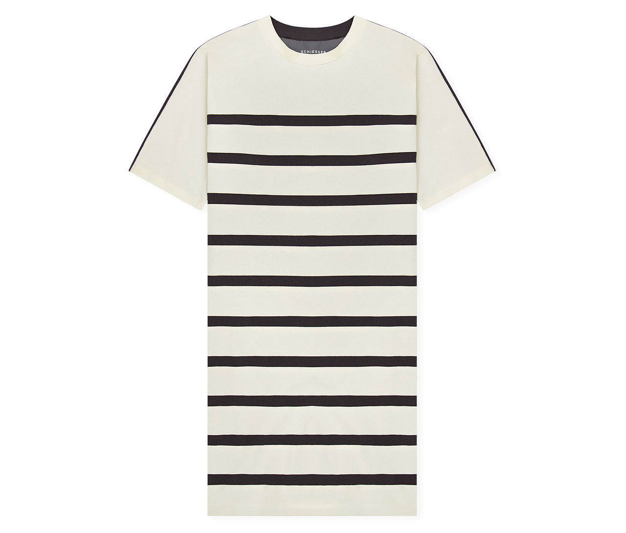 Krém színű, rövid ujjú SCHIESSER hálóing vízszintes fekete csíkokkal és sötét kerek nyakkivágással.