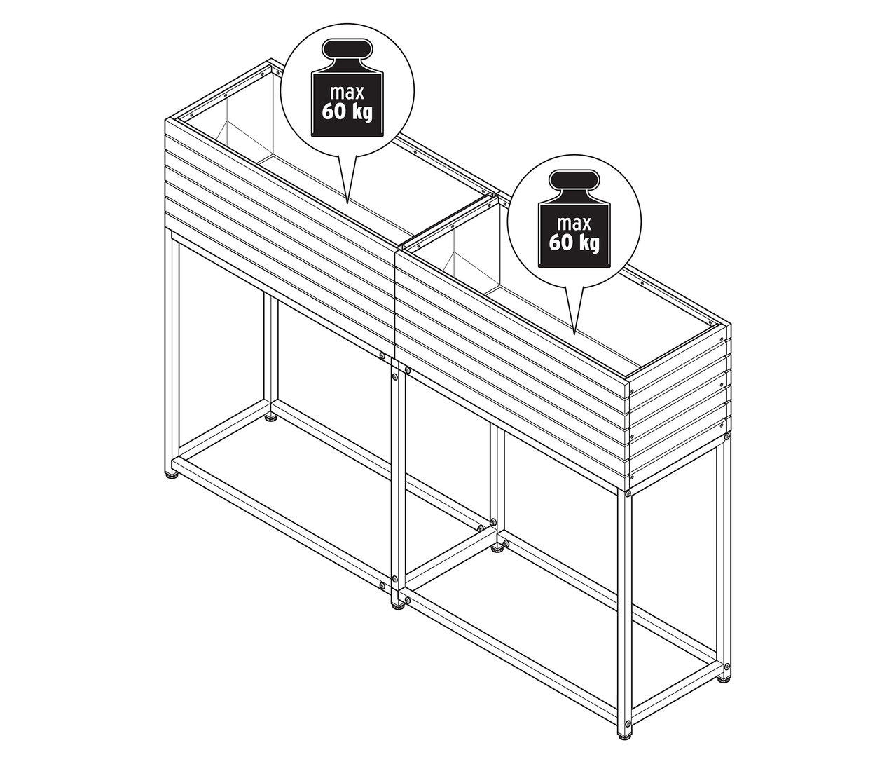 Illusztráció egy »Elin« keskeny magaságyásról, ágyanként 60 kg maximális terhelhetőséggel.