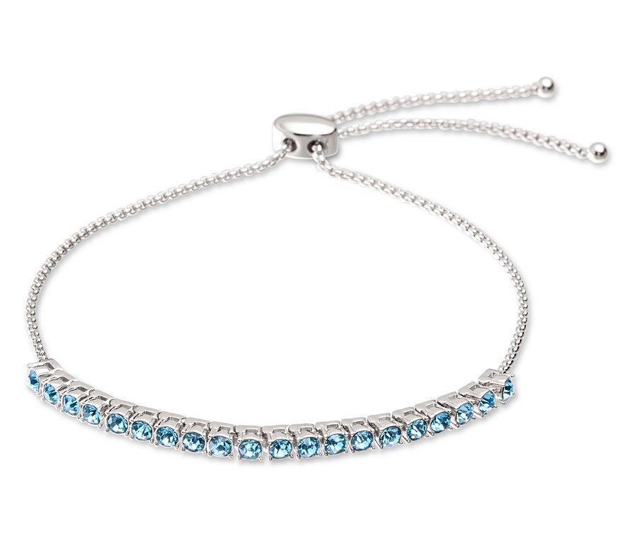 Ezüst karkötő világoskék kövekkel és állítható csattal.