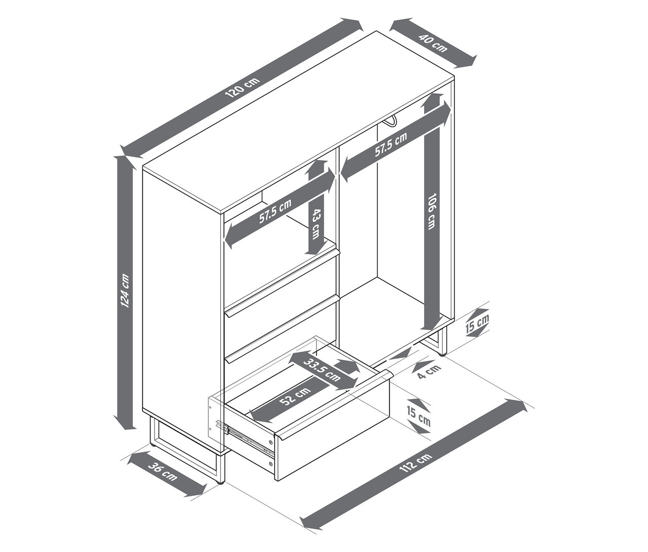 A képen egy »LEEG« komód látható 3 fiókkal és vállfatartó rúddal, méretekkel együtt.