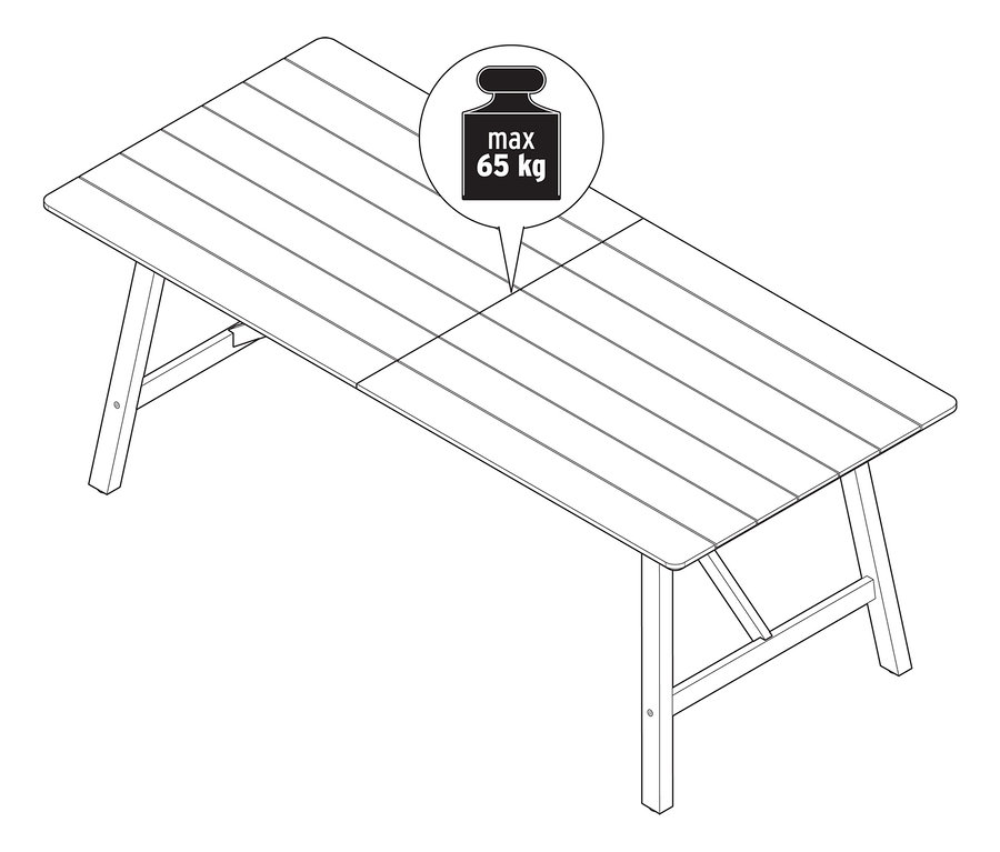 Illusztráció egy kihúzható, rusztikus vázú kerti asztalról, kb. 200-250 cm, maximum 65 kg terhelhetőséggel.