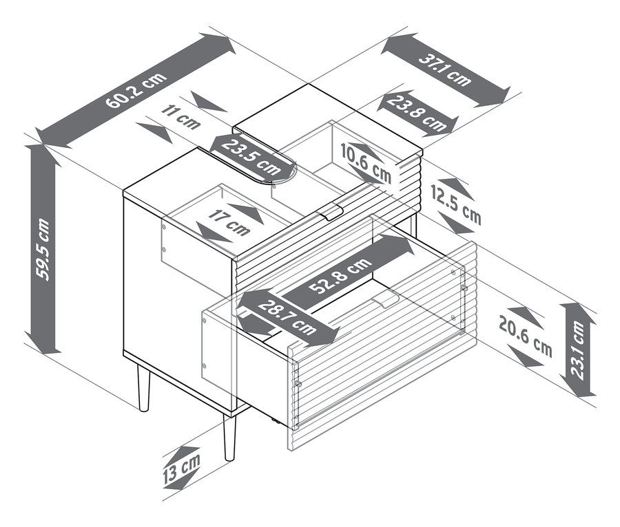 A »SONARI« mosdó alatti szekrény méretábrázolása fiókkal.