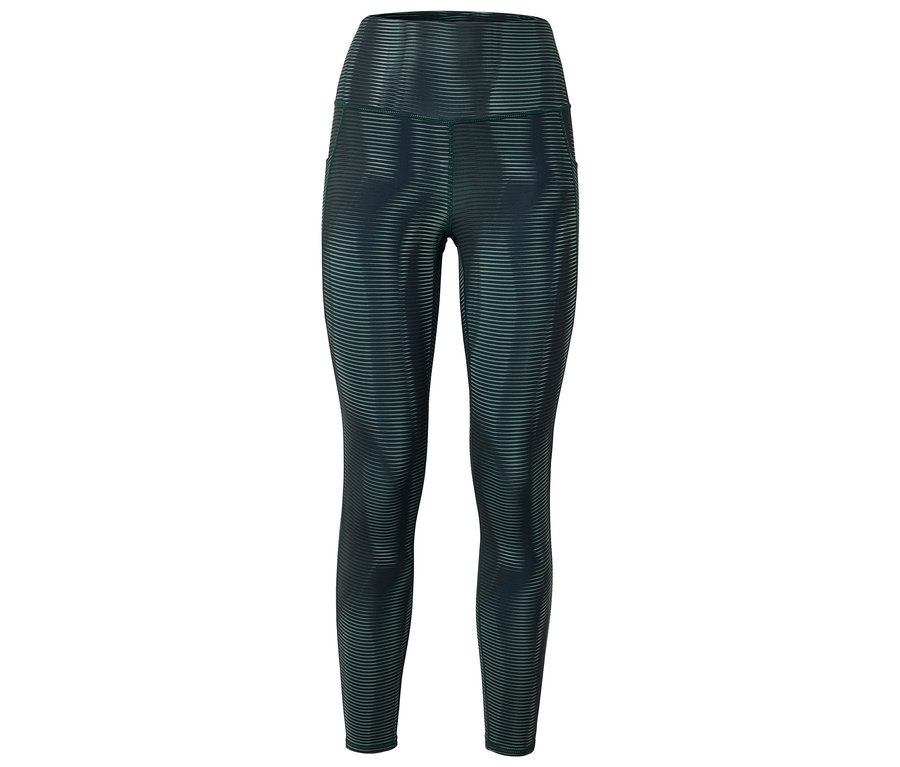 Sötétzöld, vízszintes csíkos, magas derekú leggings fehér háttér előtt.