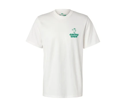 Fehér, unisex Coffee Crew póló kis, zöld nyomtatással.