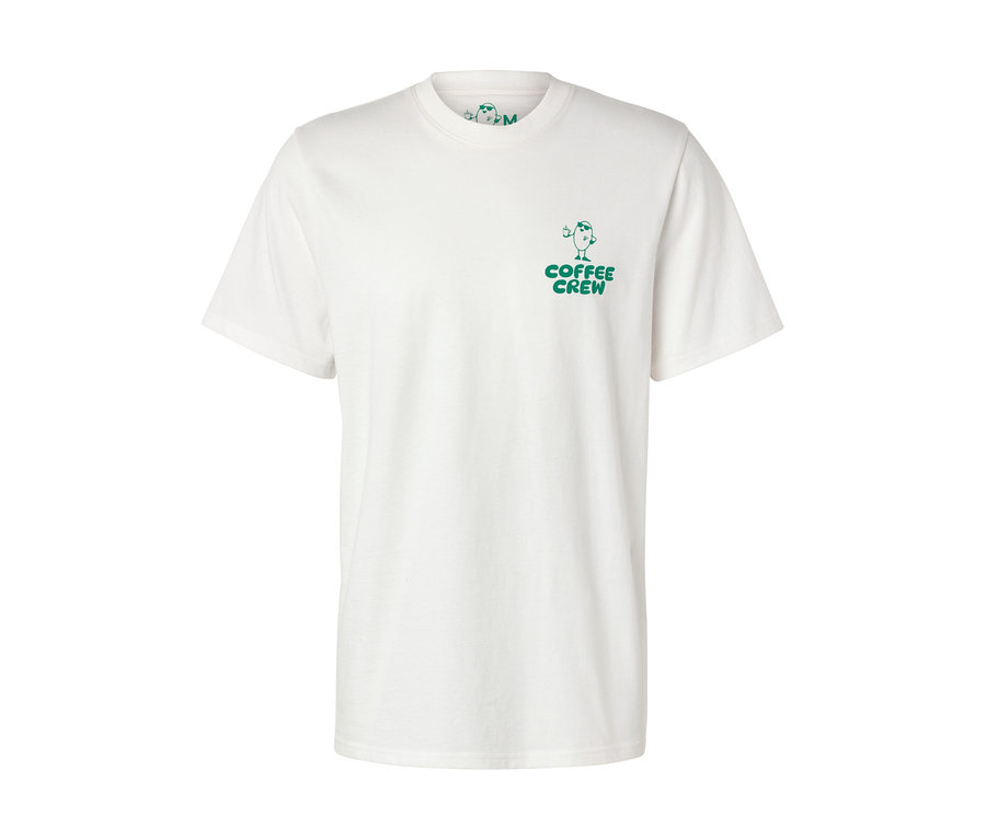 Fehér, unisex Coffee Crew póló kis, zöld nyomtatással.
