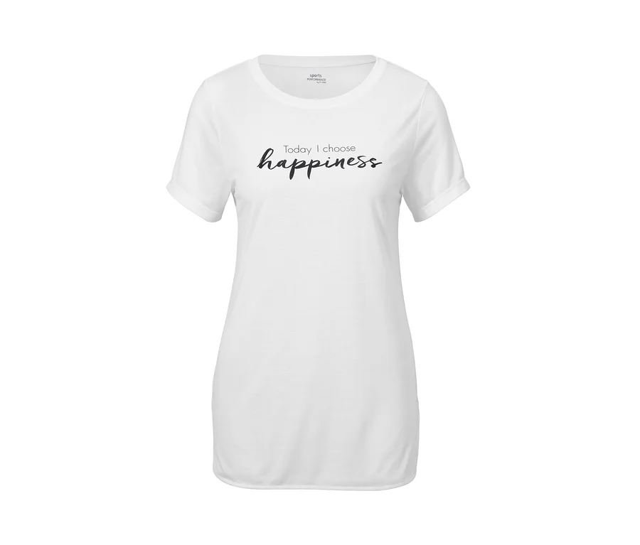 Fehér sportfelső "Today I choose happiness" felirattal.