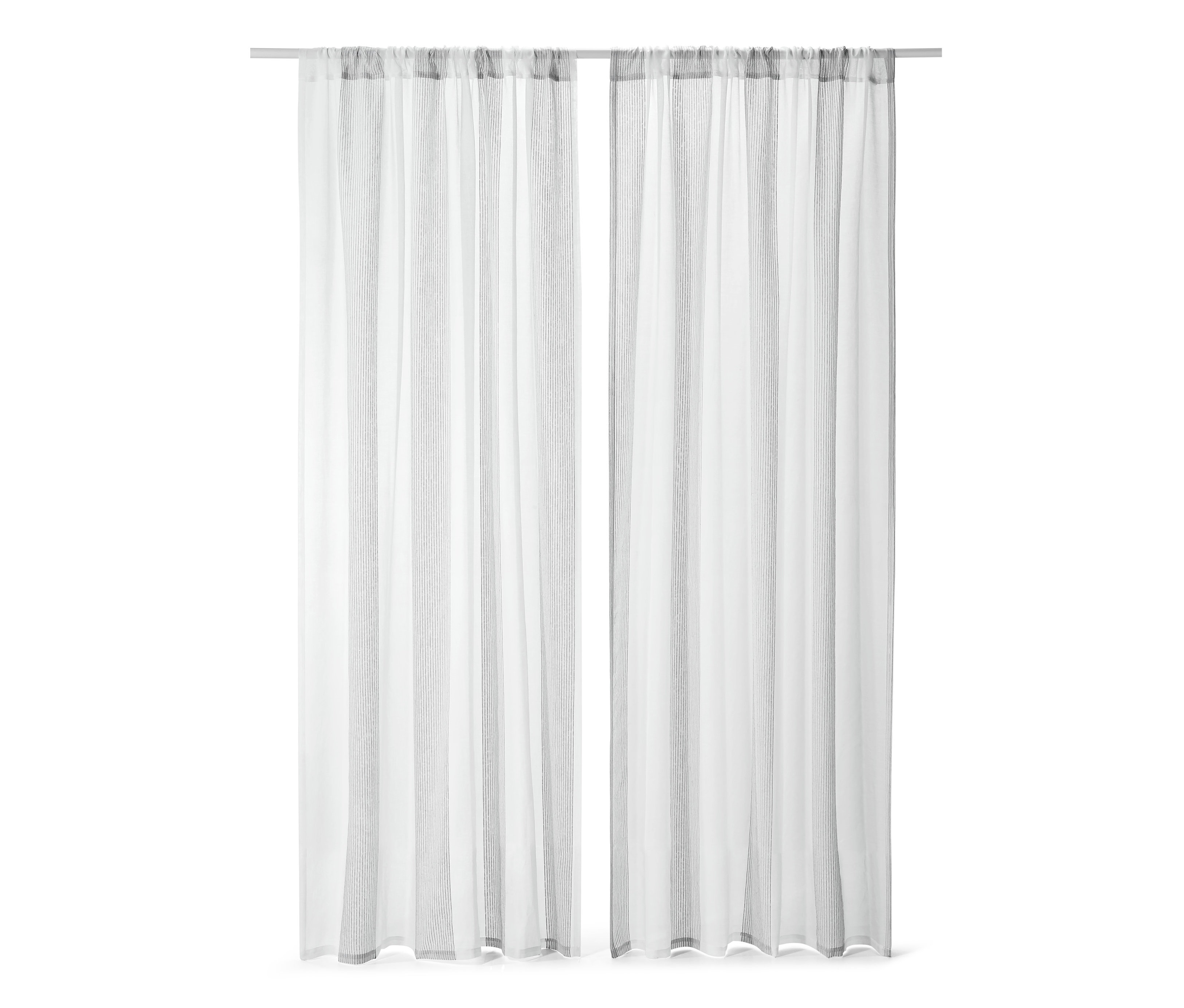 Két fehér, áttetsző függöny szürke csíkokkal.