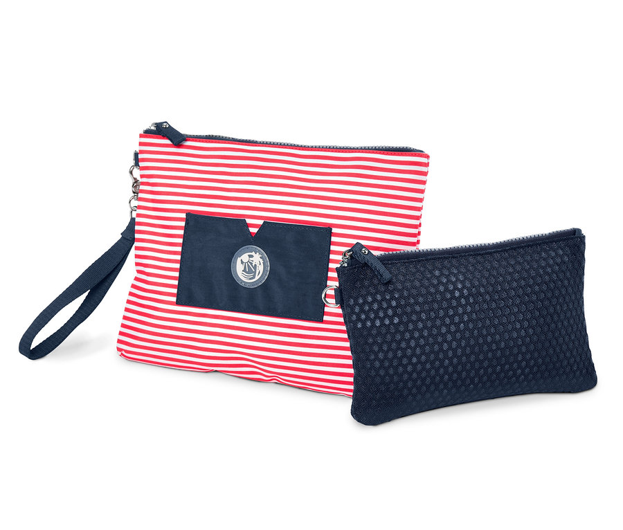 Egy piros-fehér csíkos és egy sötétkék női táska.