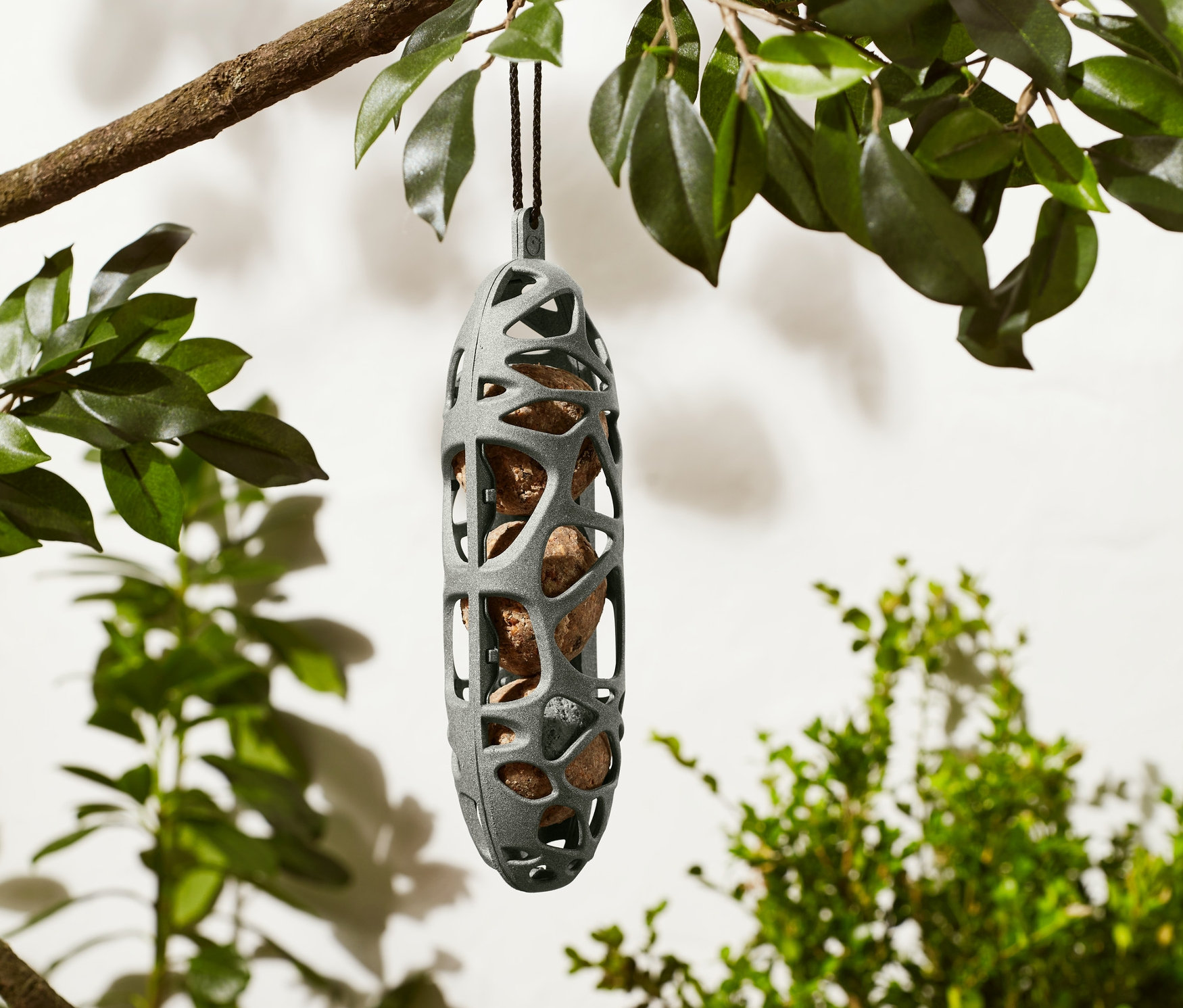 Egy szürke madáreledel-tartó lóg egy faágon.