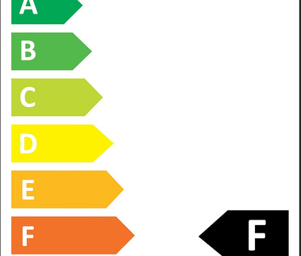 Energiacímke energiahatékonysági osztályokkal A-tól G-ig, ahol az F feketével van jelölve.