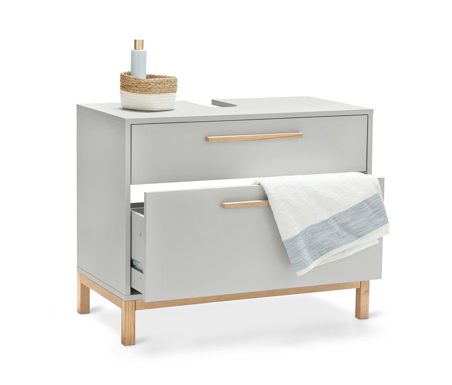 Világosszürke mosdó alatti szekrény »Eklund« 2 fiókkal, az egyik fiók nyitva van, rajta egy törölköző.