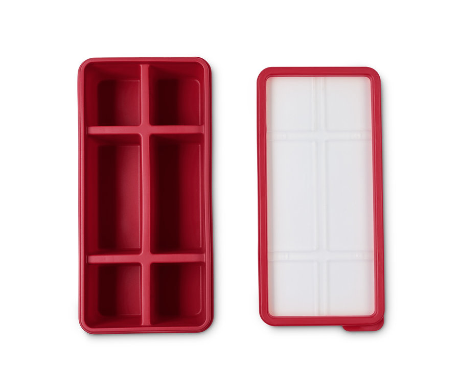 Két piros, 6 rekeszes szilikon ételtároló doboz szettben.