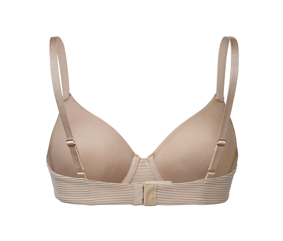 Egy bézs merevítős melltartó hátulnézete.
