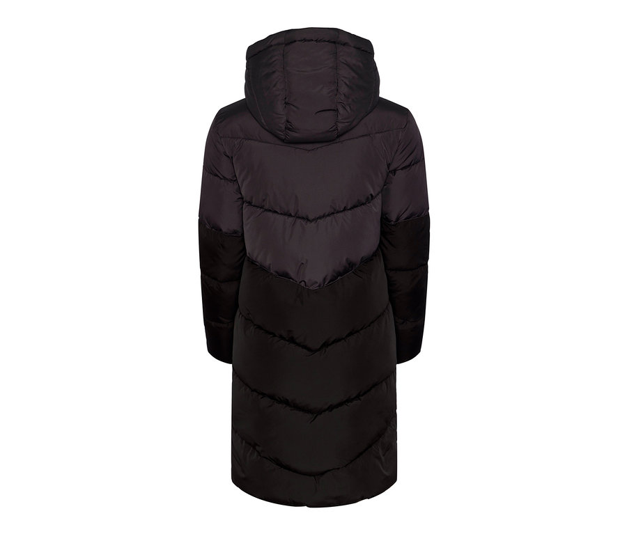 Női steppelt kabát kapucnival, fekete/szürke hátulnézete.