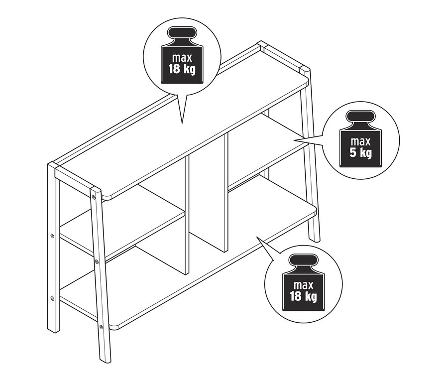 Ábra egy hárompolcos komódról, melynek felső és alsó polcának maximális terhelhetősége 18 kg, a középső polcé pedig 5 kg.