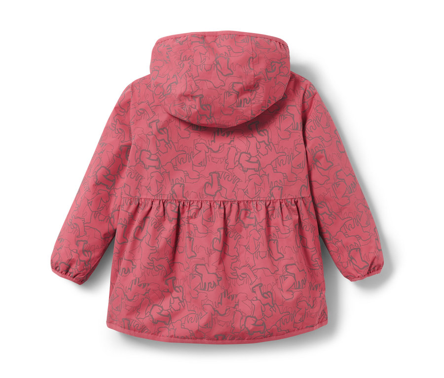 Rózsaszín gyerek termo esőkabát fényvisszaverő elemekkel, hátulnézet.