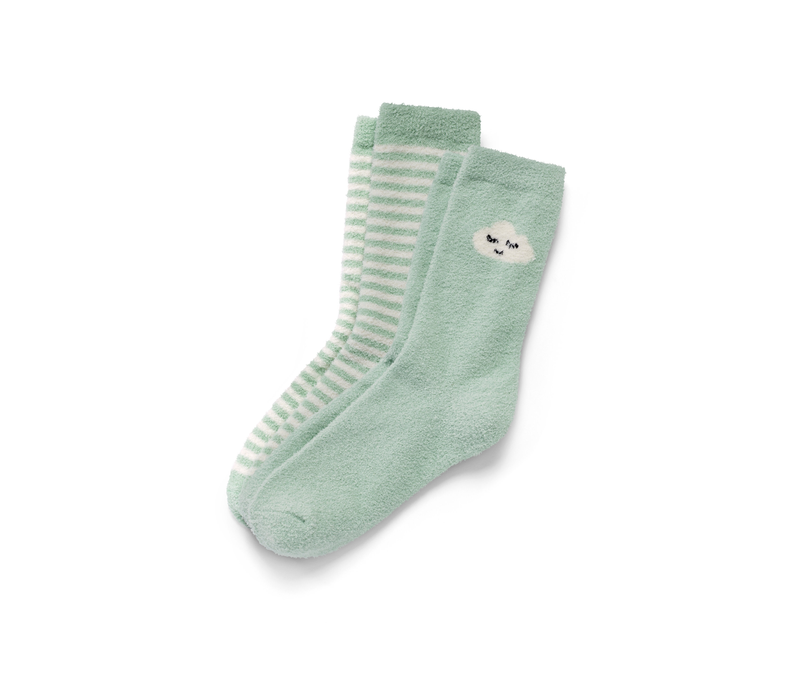 Két pár puha zokni: egy világoszöld felhő mintával, egy fehér csíkos világoszöld alapon.