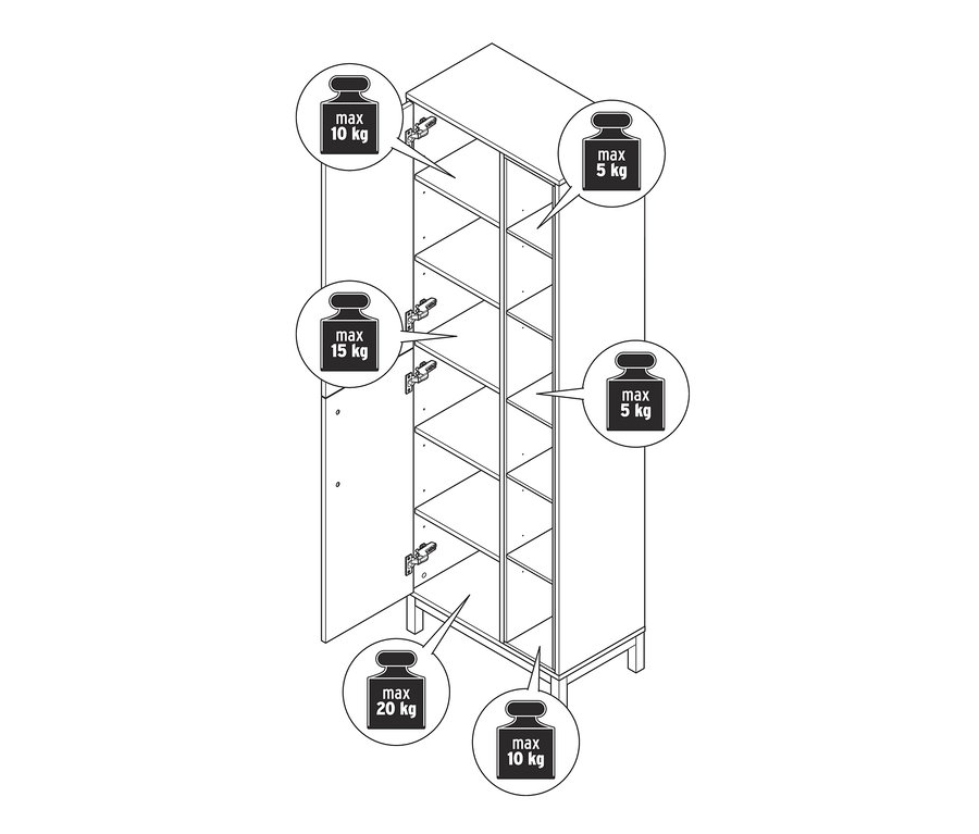 Egy magas fürdőszobai szekrény rajza oldalrekesszel, a polcok maximális súlyának jelzésével.