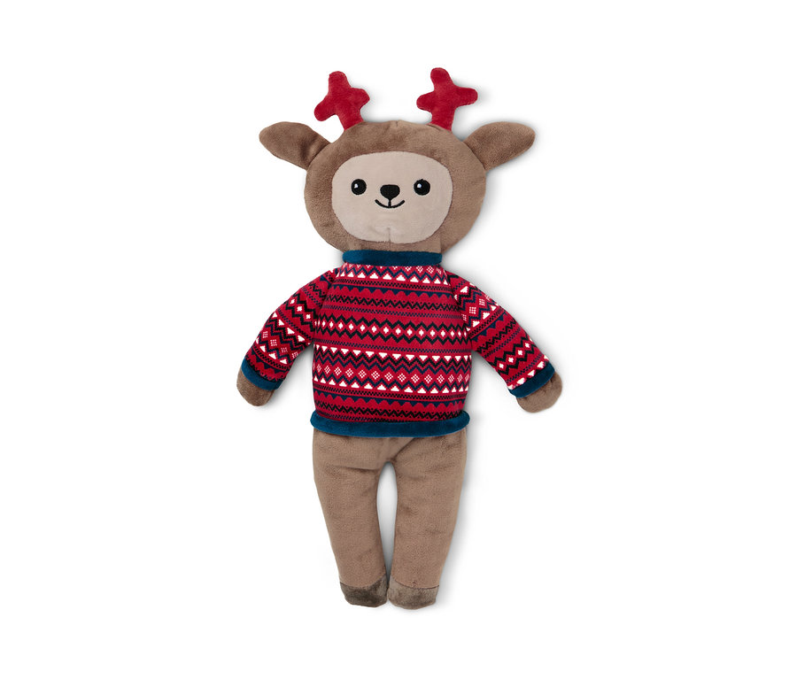 Plüss kutyajáték, szarvas fekszik fehér háttér előtt.