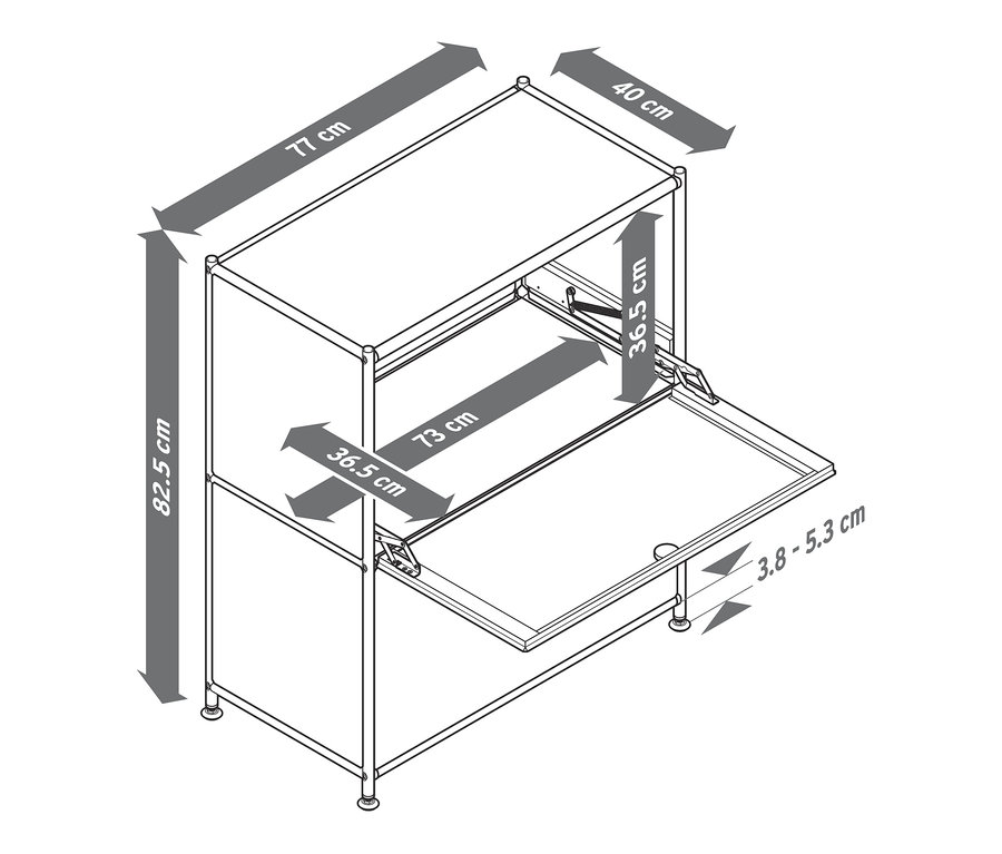 Fém komód, 2 ajtóval, taupe méretei.