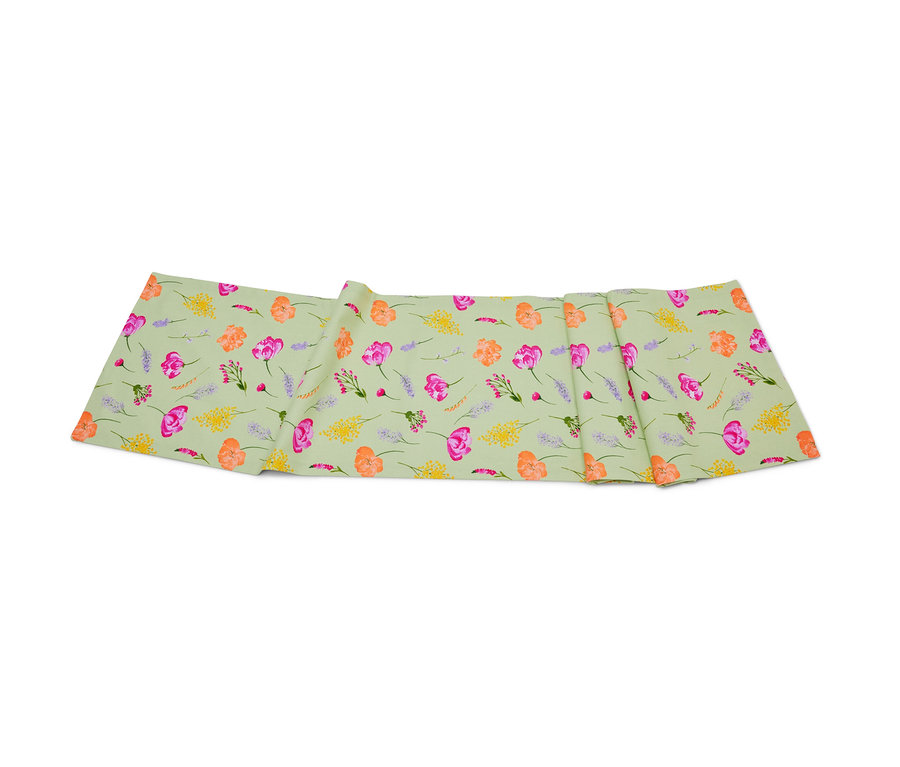 Virágmintás, zöld asztali futó.