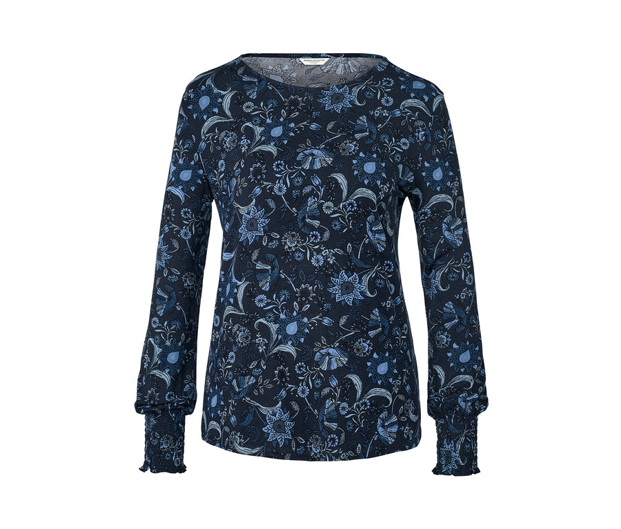 Női hosszú ujjú pólóblúz, virágos, sötétkék.
