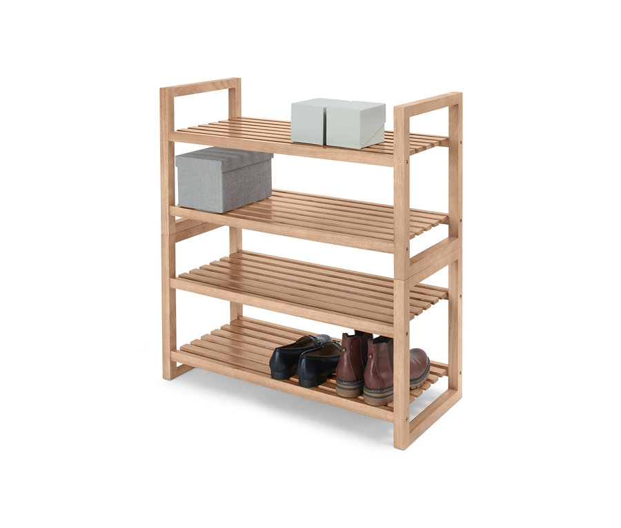 Négyemeletes, egymásra helyezhető tömörfa polcok dobozokkal és cipőkkel.