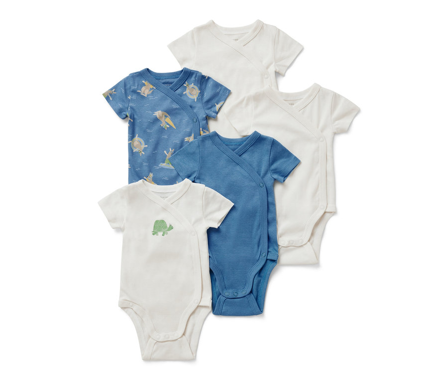 Öt rövid ujjú baba body fehér, kék és teknős és kenguru mintával.