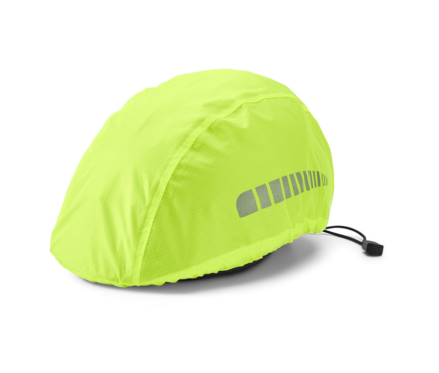 Neonsárga bukósisak védőhuzat fényvisszaverő csíkkal.