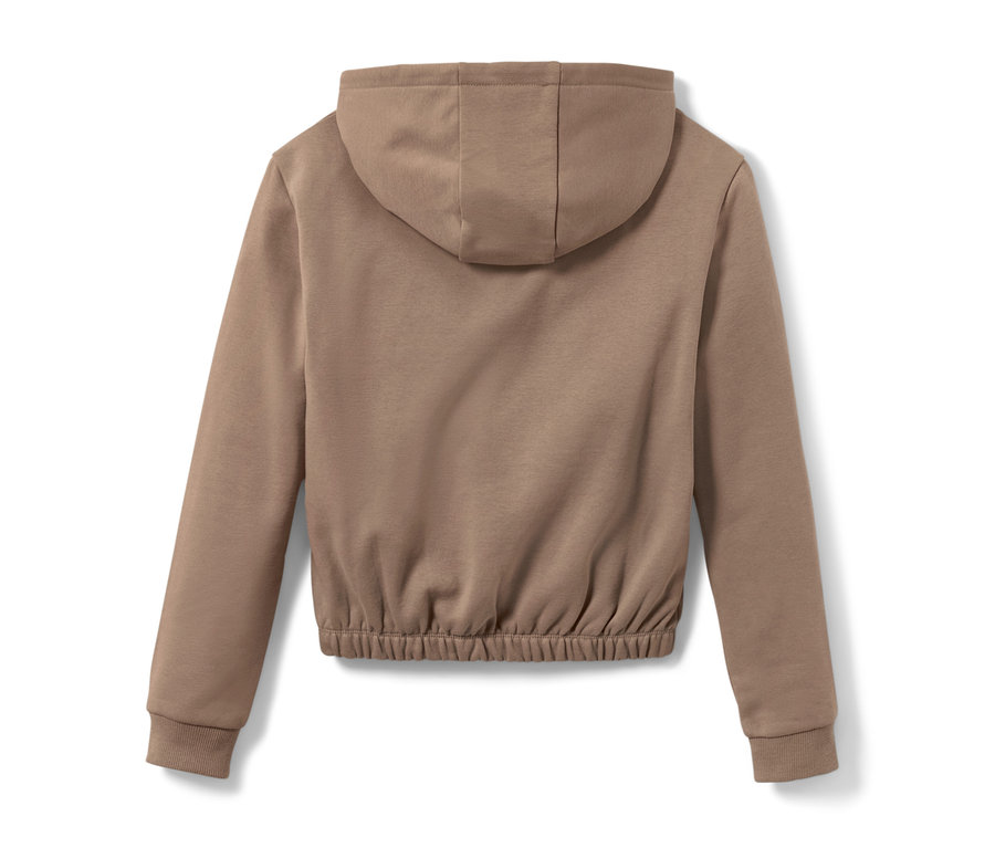 Hátulnézet egy lány kapucnis szabadidőfelsőről, barna.