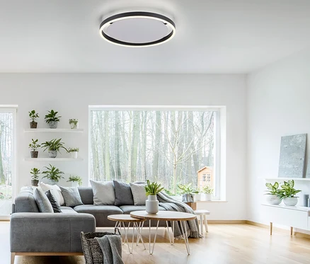 Nappali szürke kanapéval és JUST LIGHT . LED Deckenleuchte »Ritus« LED mennyezeti lámpával.