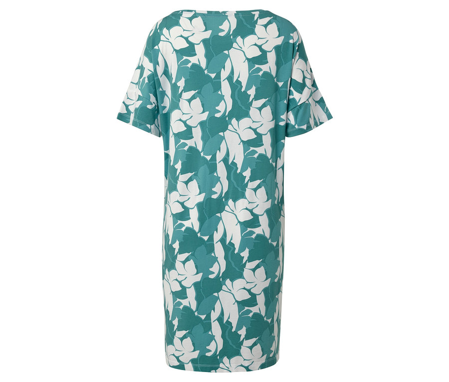 Hátulnézet egy rövid ujjú, zöld-fehér virágmintás hálóingről.