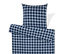 Kék kockás ágynemű párnával.