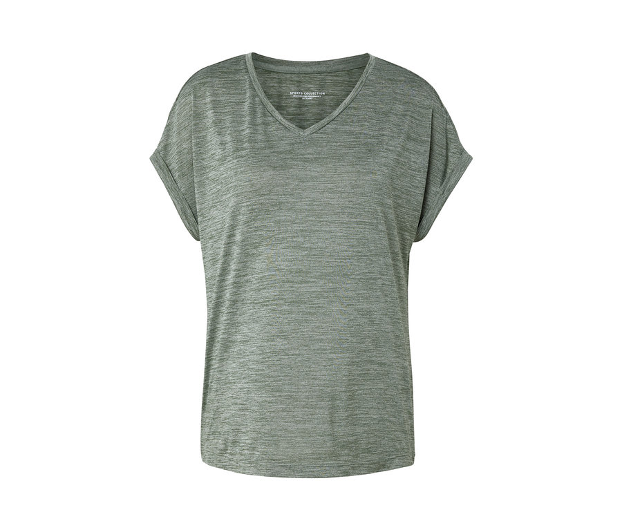 Khaki színű, V-nyakú, rövid ujjú funkcionális felső.